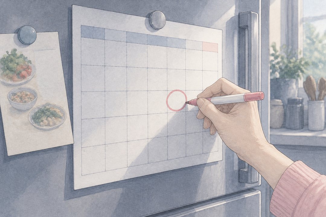 冷蔵庫の扉に貼ったカレンダーの寄り。女性の手がマーカーで木曜の欄に丸を書き込む。横に古い献立のメモ（字は読めない）。