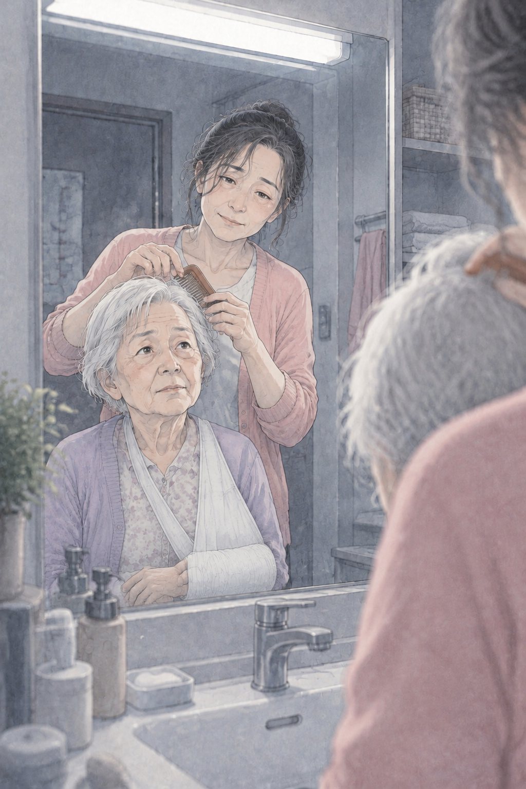 夜の洗面所を鏡越しに。左手しか使えない義母の白い髪を、後ろから女性が櫛でとかす。鏡の中の2人。白い蛍光灯。