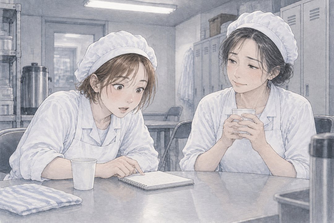 休憩室。左の同僚がパイプ椅子から身を乗り出し、女性のメモ帳をのぞき込んで目を丸くする。右の女性は紙コップを両手で持ち、疲れた顔で笑う。メモ帳の字は読めない。