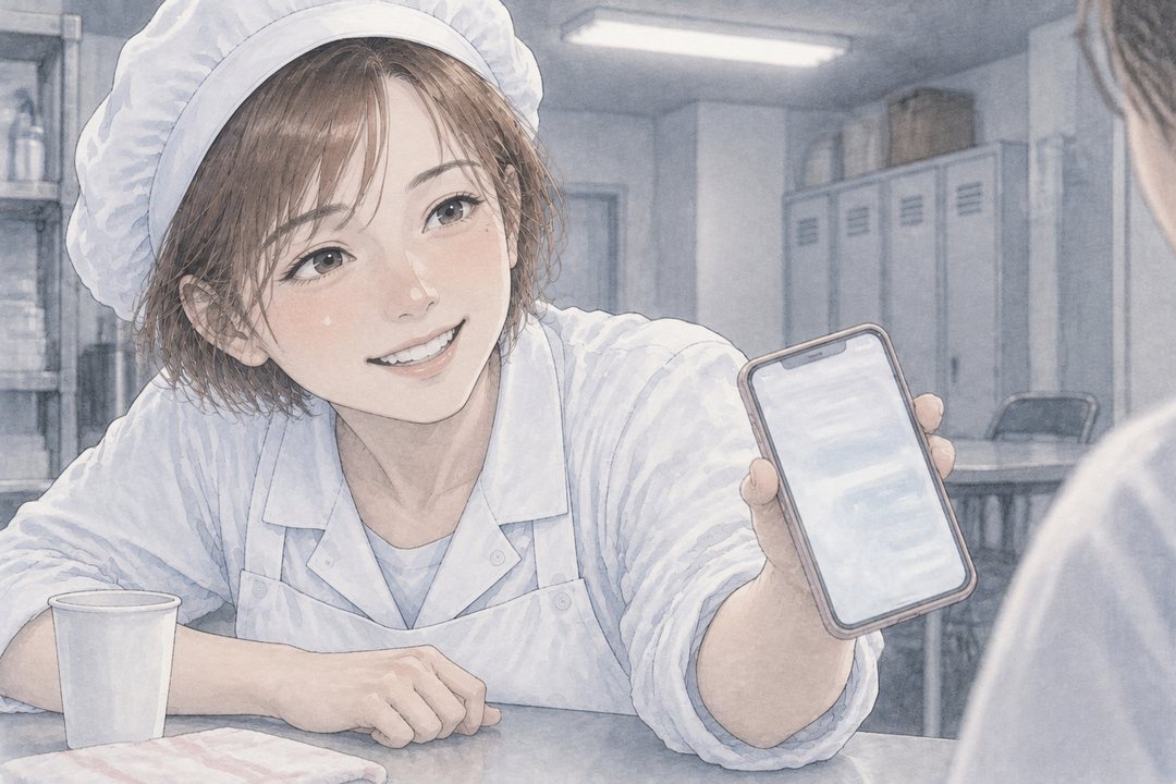 同僚が自分のスマホの画面を女性の方へ向けて見せる寄り。調理帽の下の明るい笑顔。画面の字は読めない。
