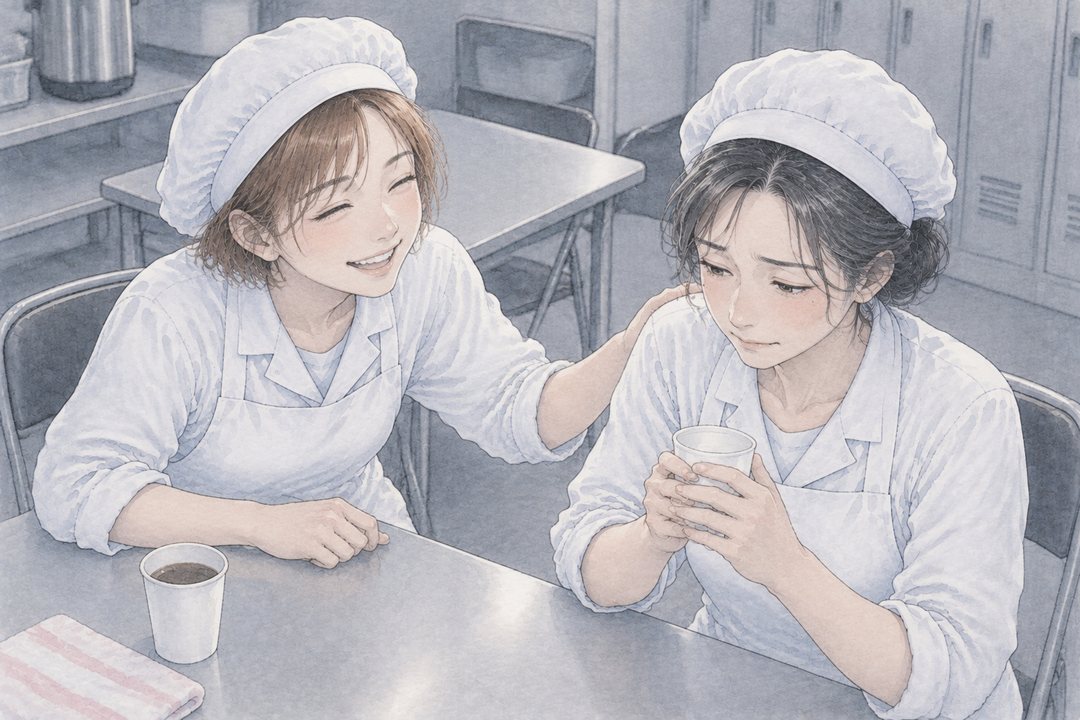 同僚が、紙コップを持つ女性の肩を軽くたたいて笑う。女性は目を伏せて考えている。休憩室の白い蛍光灯。