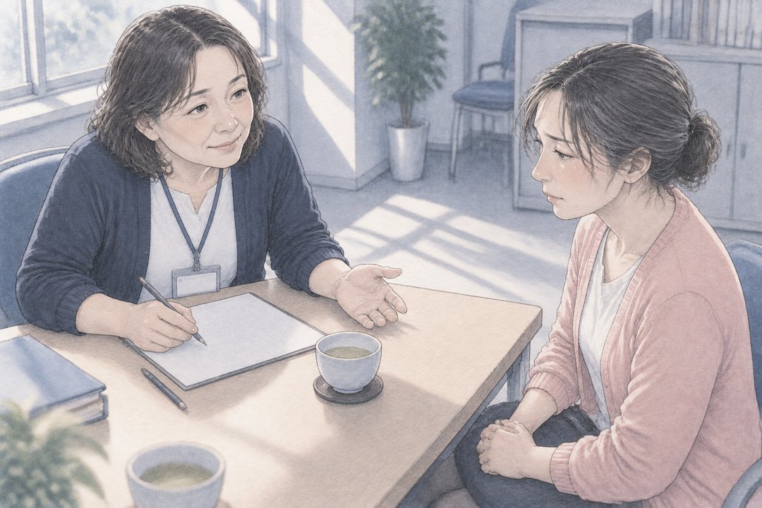 相談の机を少し高い所から。左に、首から名札を下げた50代の女性の相談員が、やわらかく身を乗り出す。右に女性が、ひざの上で手を組んで座る。目が少しうるんでいる。机の上に白い紙と鉛筆、湯のみ。