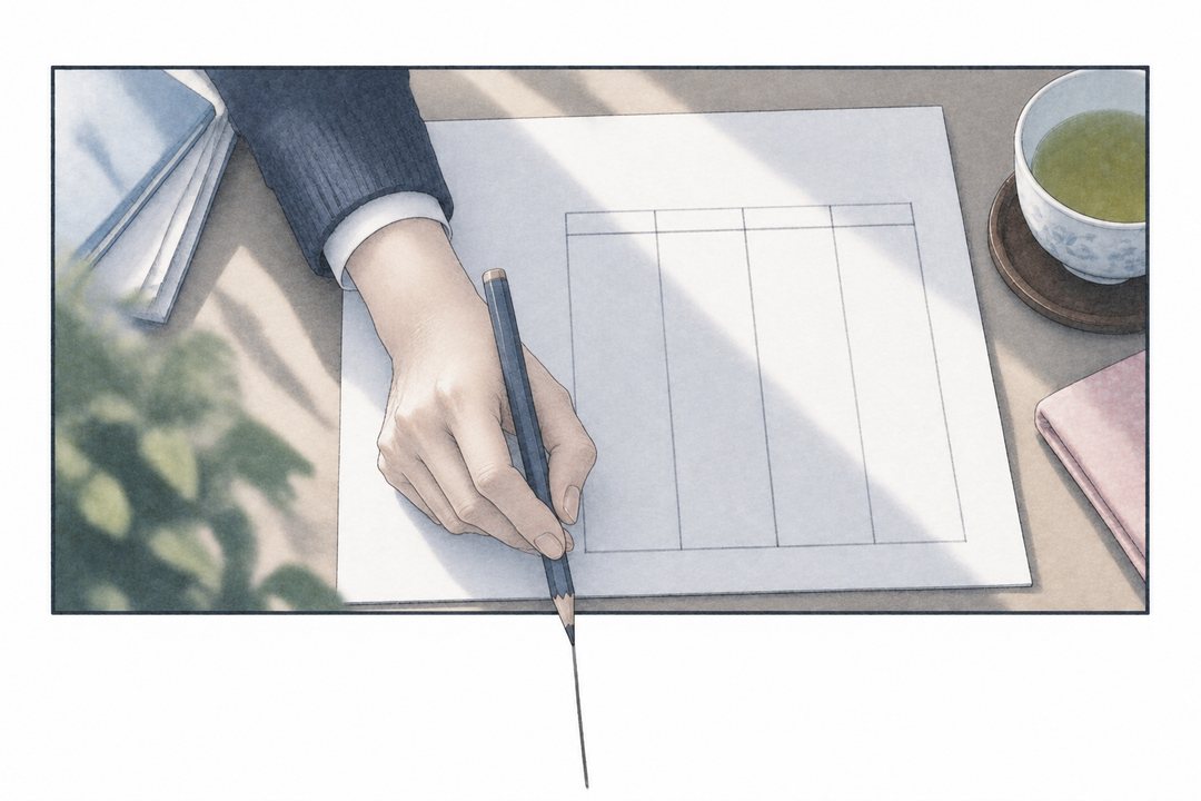 真上から。机の上の白い紙に、相談員の手が鉛筆で縦の線を引き、表の枠を作る。湯のみ。紙の字は読めない。