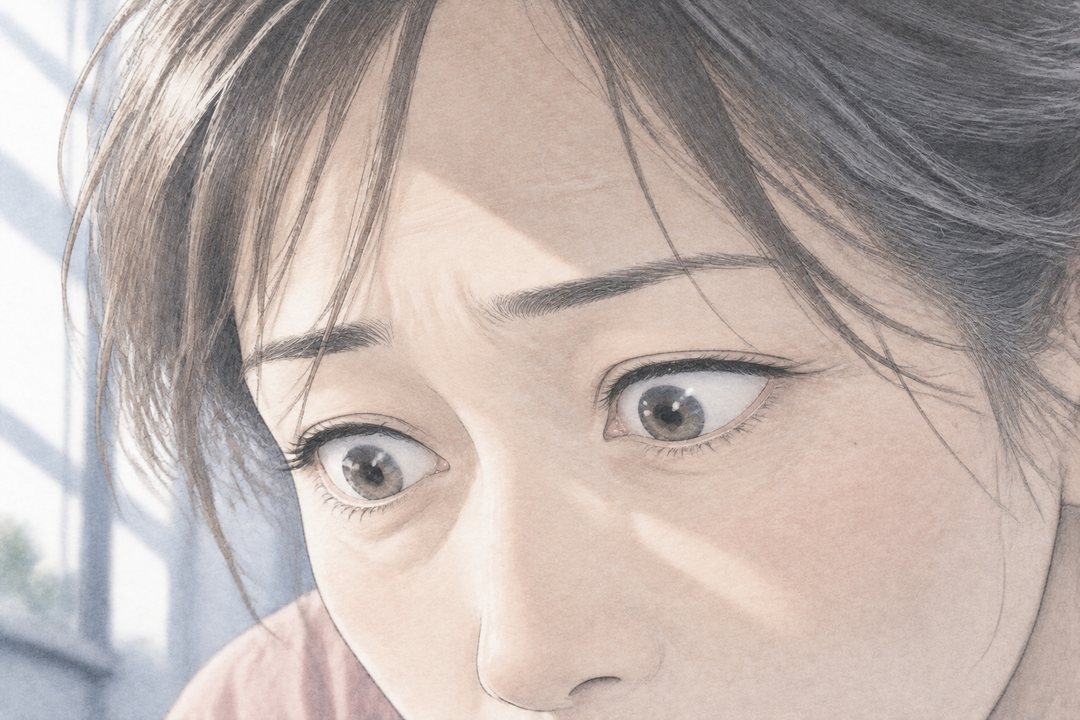 女性の目元の横長の寄り。表を見下ろし、まばたきを止めている。