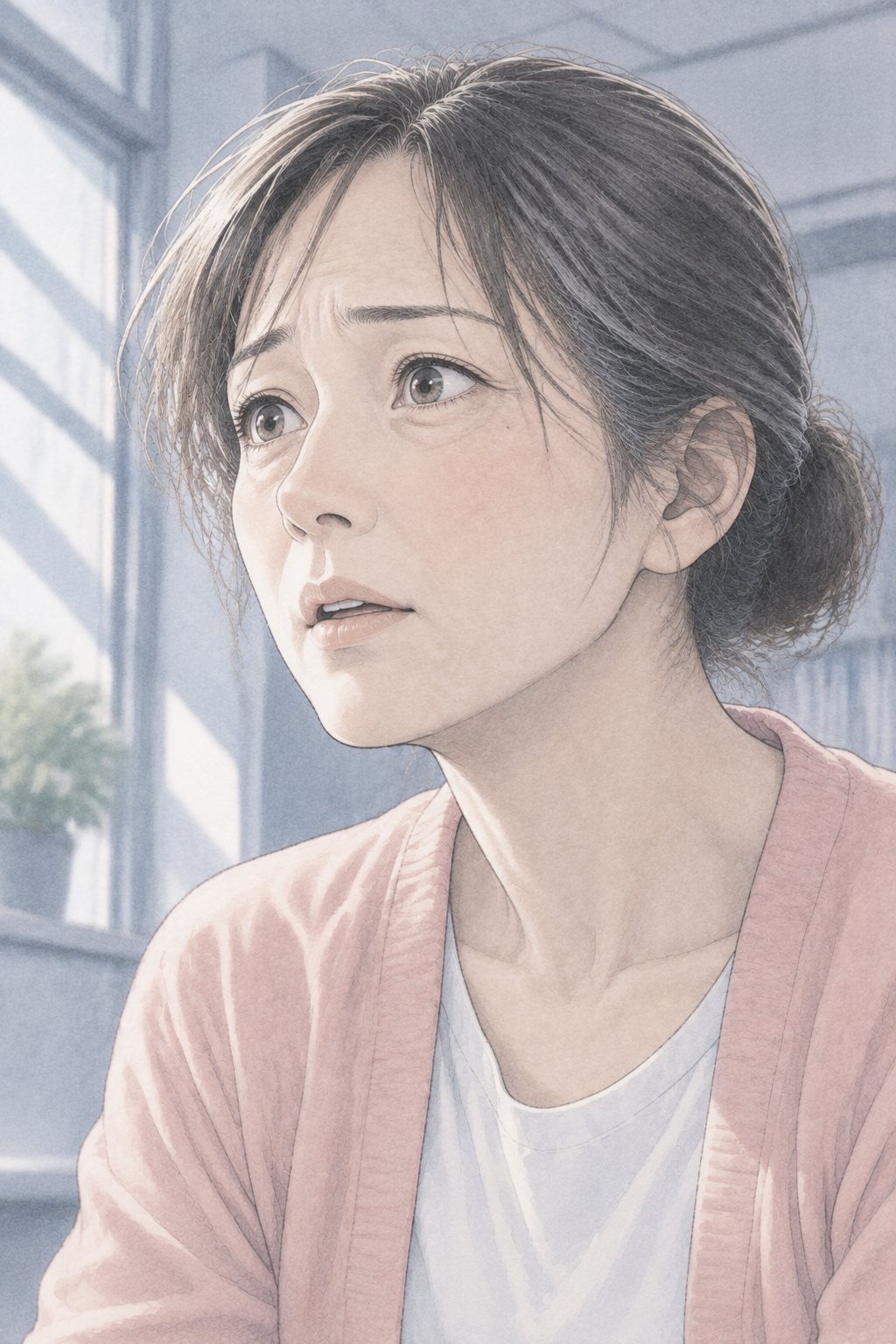 女性の顔を少し下から。はっとして、口が小さく開く。窓の白い光。
