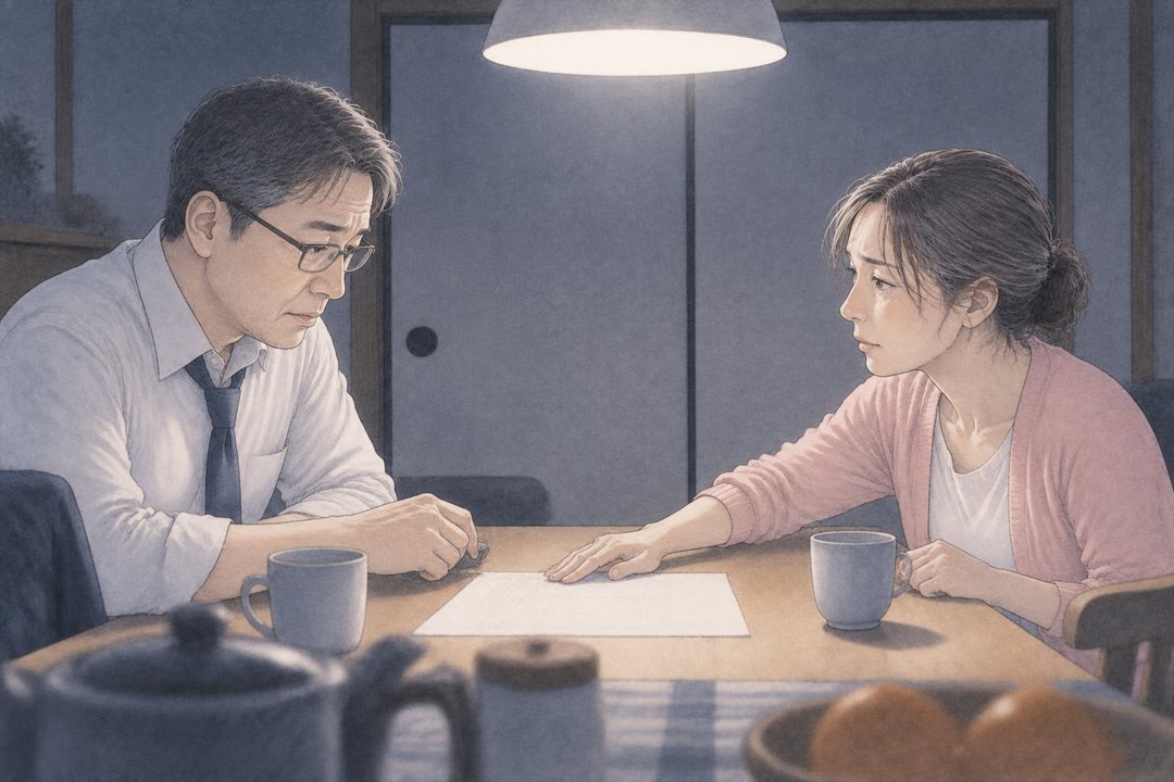 夜の食卓を目の高さで。奥の襖は閉まり、義母は寝ている。食卓をはさんで、ネクタイをゆるめた夫と、表の紙を置いた女性が向き合う。白い食卓の灯り。