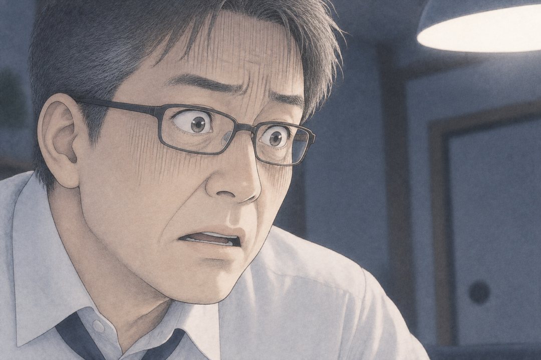 夫の顔の寄り。眼鏡の奥の目を見開き、顔に驚きの縦線。