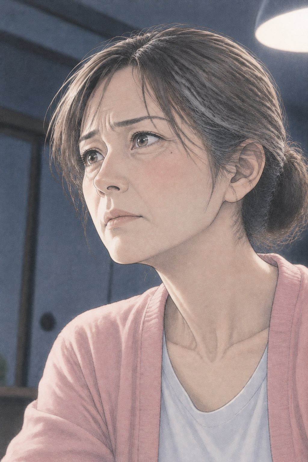 女性の顔の寄りを少し下から。目をそらさず、くちびるを結んでいる。白い食卓の灯りが片側から。