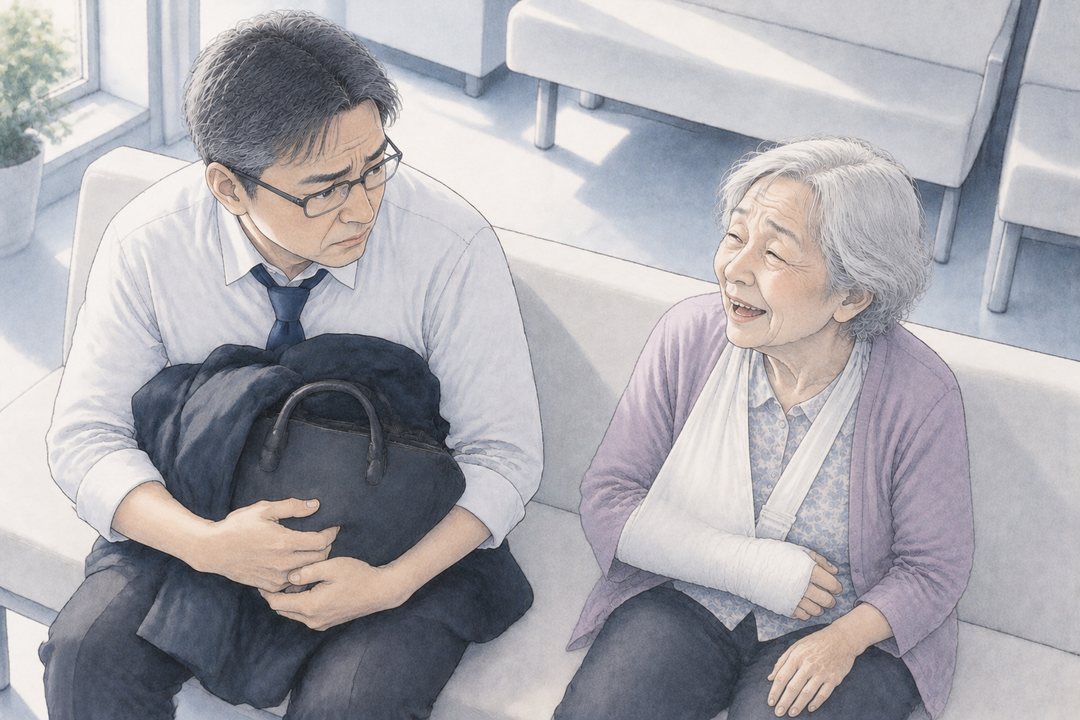 整形外科の待合室。夫が慣れない手つきで、義母の上着とかばんを両腕に抱えている。同じ長いすの隣で、義母が夫に何か話しかけて笑う。