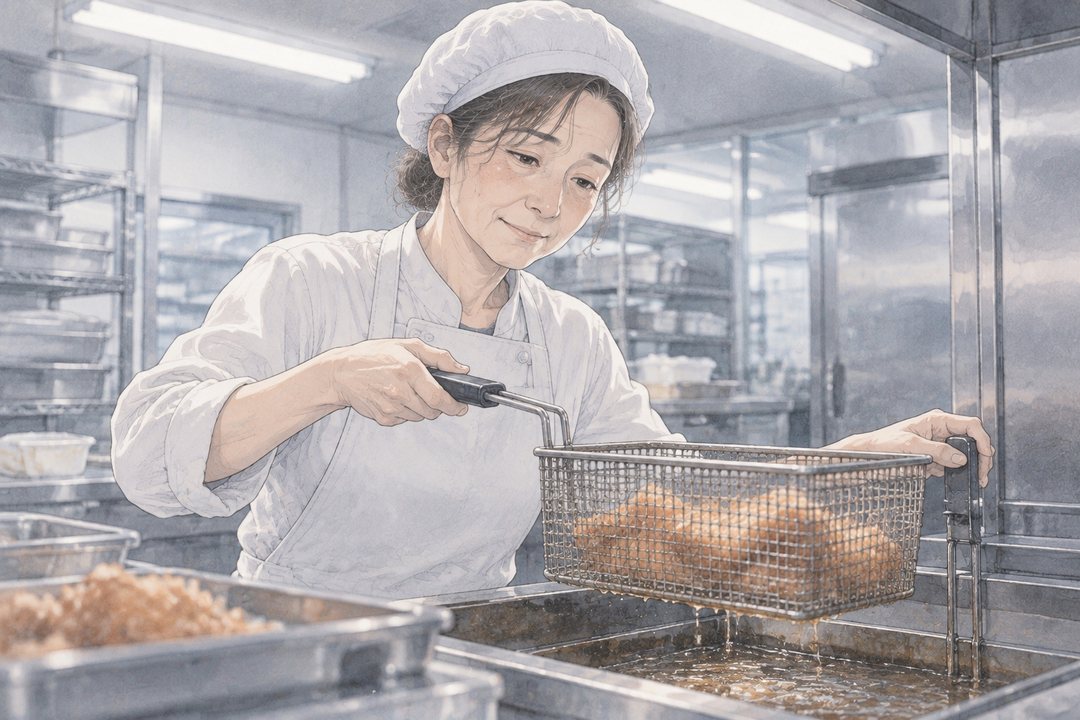 同じ時刻の惣菜の調理場の揚げ場。白い調理服の女性が揚げ網を持ち上げ、口元が少しゆるむ。