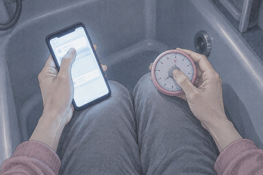 寄り。スマホを持つ手の親指が、画面の一番上のボタンの上で止まる。もう片方の手に、10分に合わせた台所のタイマー。画面の字は読めない。