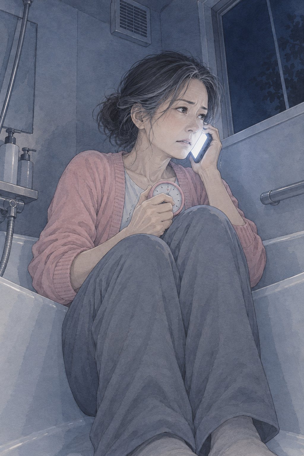 夜の風呂場。服を着たまま空の浴槽の中で、スマホを耳に当てたまま身を固くする女性。眉が寄り、もう片方の手でタイマーを握りしめる。スマホの白い光。