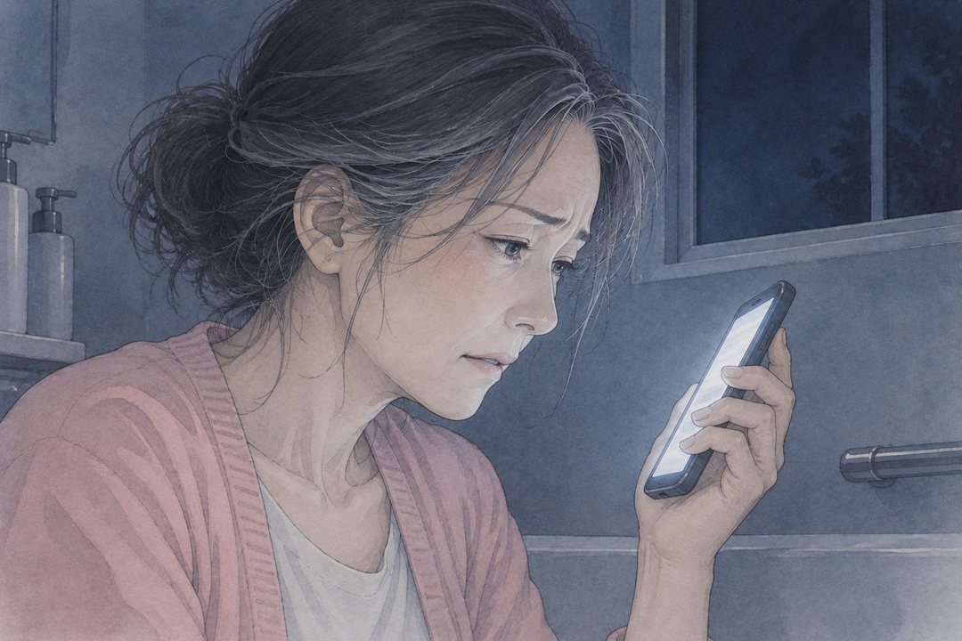 女性の横顔の寄り。目を伏せ、スマホを耳から少し離す。画面の白い光が頬に当たる。