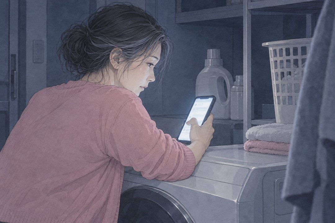 暗い脱衣所を肩越しに。洗濯機にもたれた女性が、スマホの画面を親指でゆっくり送る。画面の白い光が顔を下から照らす。画面の字は読めない。