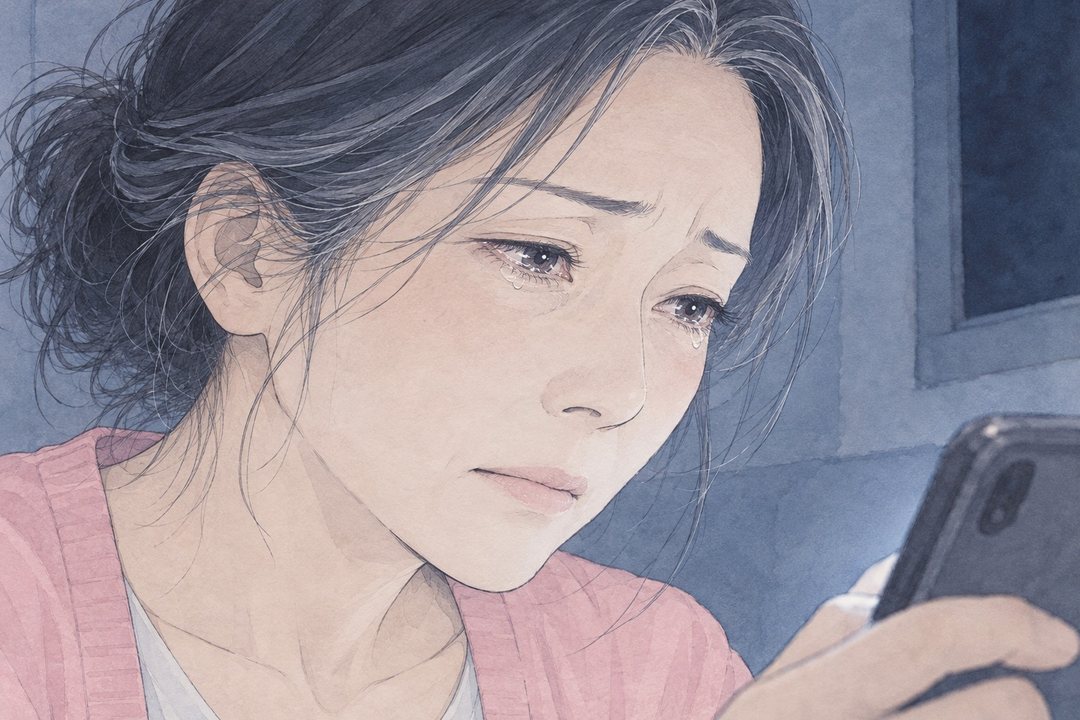 女性の顔の寄り。スマホの画面を見つめる目が、少しうるむ。
