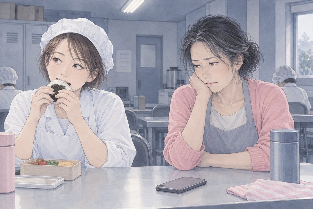 休憩室。机に伏せたスマホを見つめる女性と、横でおにぎりをほおばる同僚。