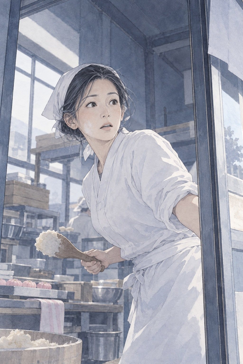 ガラス戸を開けて顔を出す、30代の女性の店主。白い調理服に三角巾、腕まくり。手に、あんの付いた木べら。少し驚いた顔。