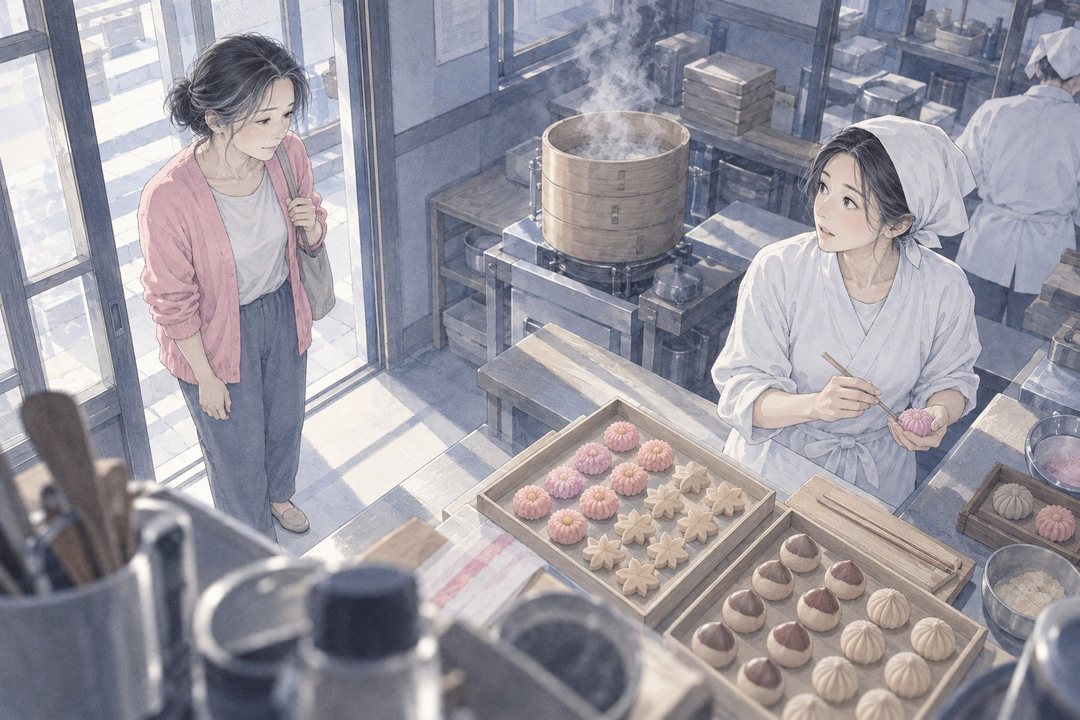 工房の中を少し高い所から。作業台に秋の練り切りの見本（菊・紅葉・栗）が並ぶ。奥でせいろの湯気。戸口の女性が見とれ、店主が作業台の向こうから振り返る。