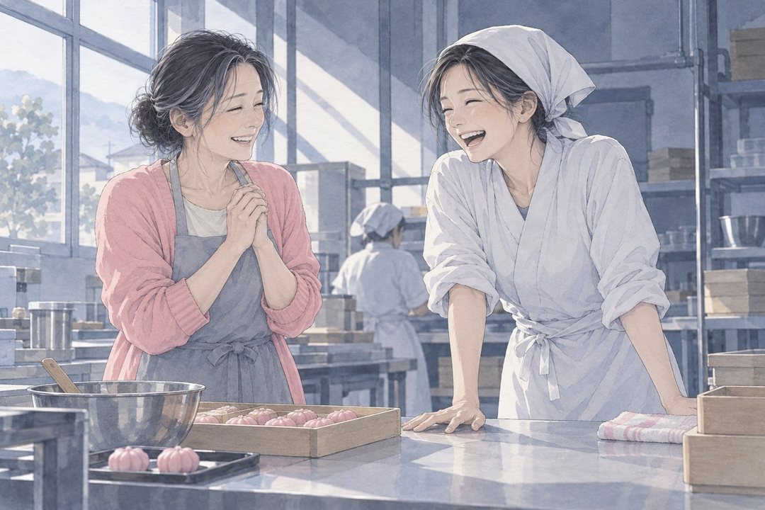 店主が作業台に両手をついて、身を乗り出して笑う。女性も、胸の前で両手を組んで笑う。