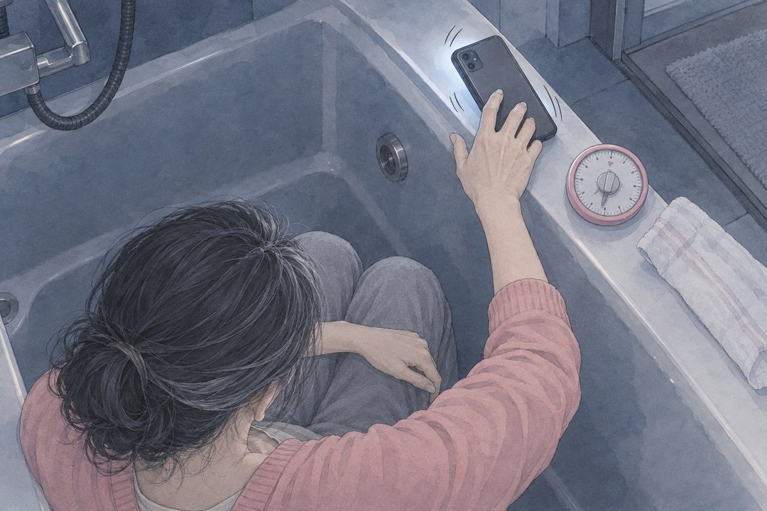 真上から。空の浴槽のふちに伏せて置いたスマホが光り、震える。そこへ伸びる女性の手と、横に台所のタイマー。