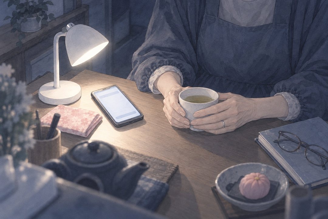 どこかの小さな台所の机。顔は見えない。しわのある細い手が、白い湯のみを両手で包む。銀の細い指輪、藍色の割烹着の袖、小さな白いランプの灯。机の上のスマホは通話中の光。