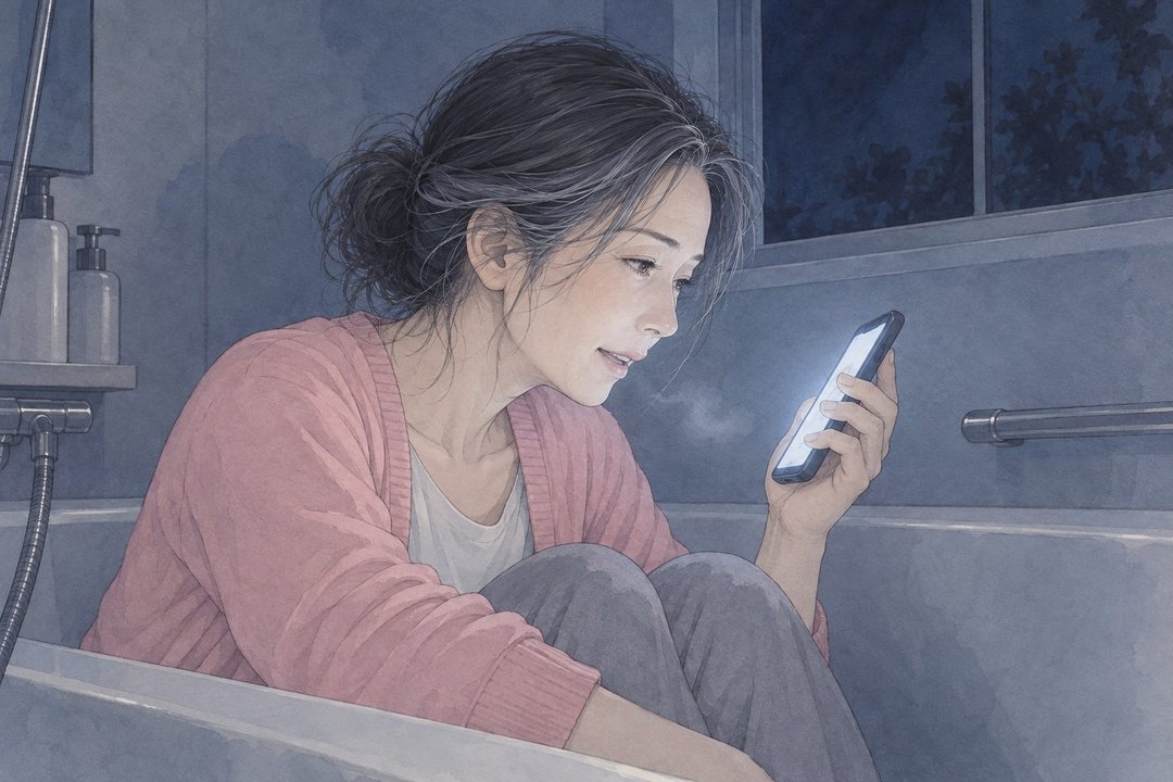 浴槽の中の女性を横から。ひざを抱えていた腕をほどき、身を乗り出して話す。目に光がある。スマホの白い光。