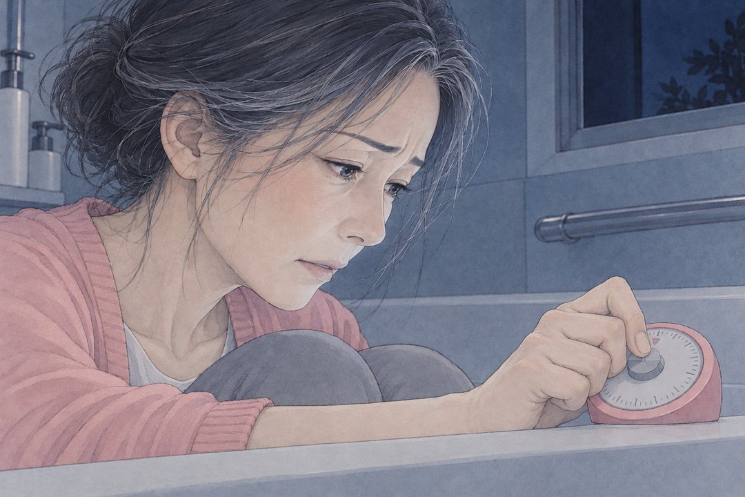 寄り。浴槽のふちのタイマーを、女性の指が鳴る前に自分で押して止める。