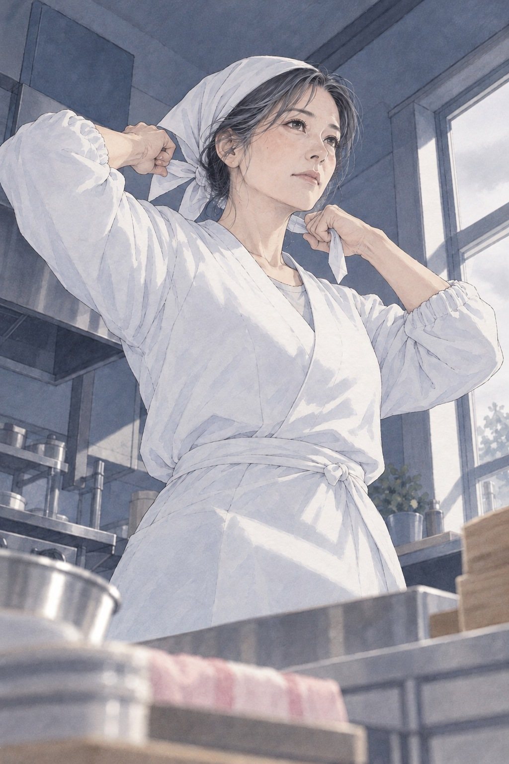 夜明けの工房。白い調理服の女性が、三角巾の結び目をきゅっと締める。