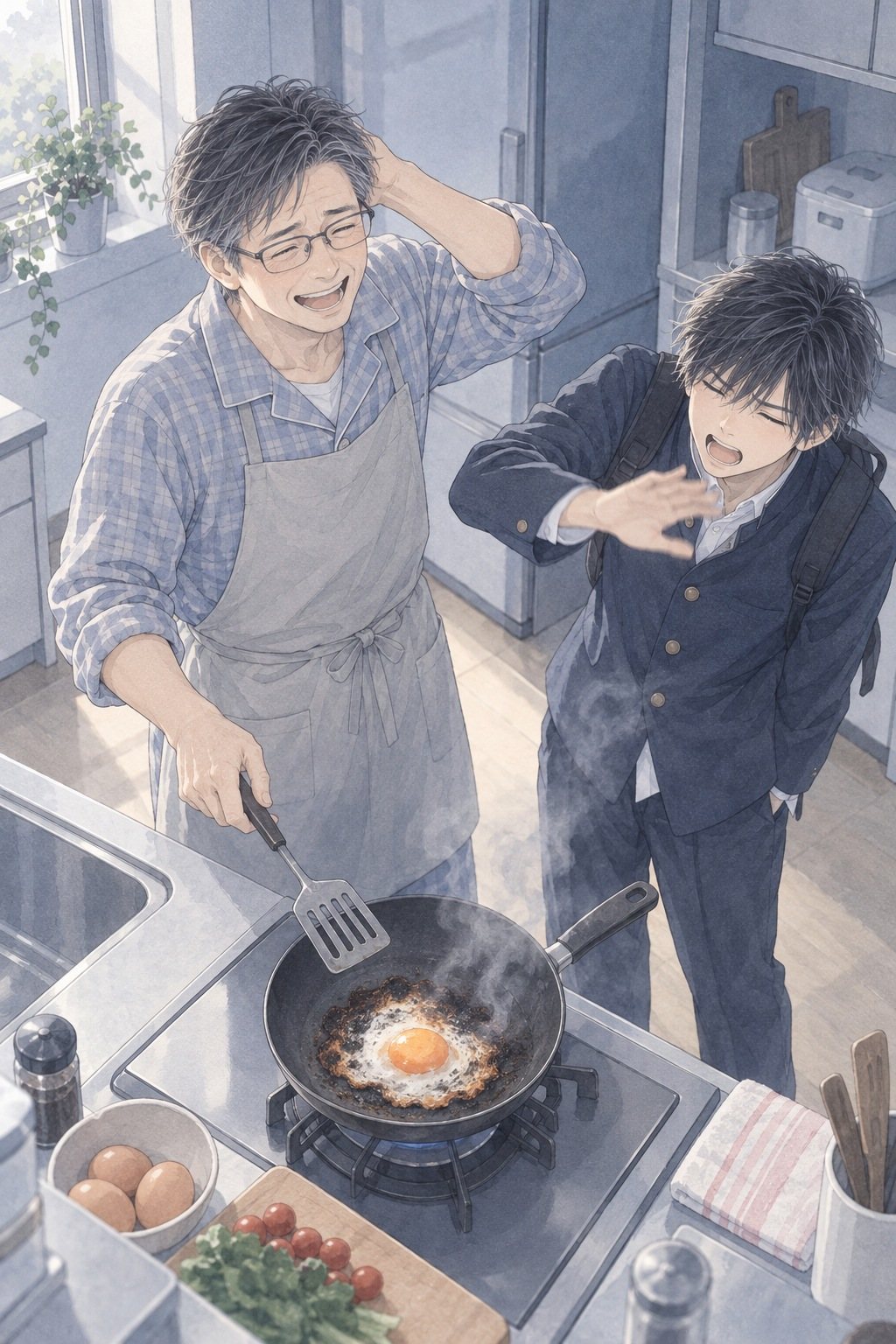 同じ時刻の三森家の台所。夫がフライパンの目玉焼きを焦がして笑いながら頭をかき、横で学ランの息子が煙を手であおぐ。