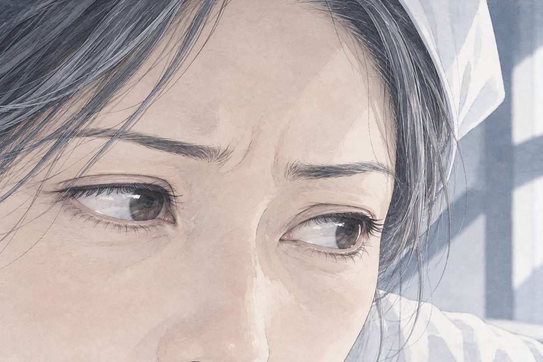 三角巾の女性の目の寄り。眉を寄せ、黒目が小さく揺れる。