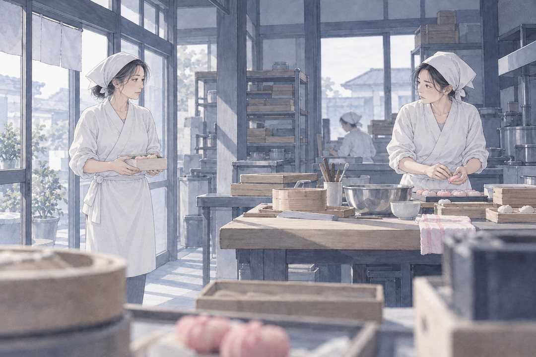 工房の全景を引きで。作業台の向こうで菓子を形作る店主と、ガラス戸のそばで菓子の木箱を両手で持って立つ女性。2人とも白い調理服に三角巾で、2人の間に作業台。奥に職人が1人。外は朝の白い光。