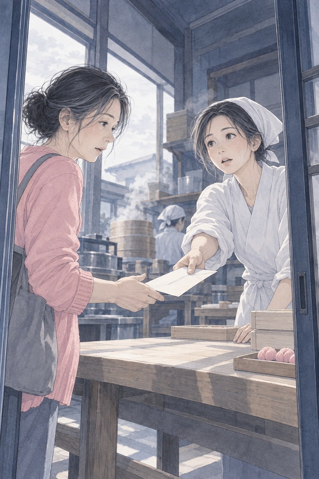 工房のガラス戸の内側。作業台の向こうから、白い三角巾の店主が白い封筒を差し出す。受け取る女性は、パートの帰りの桜色のカーディガン。奥でせいろの湯気。