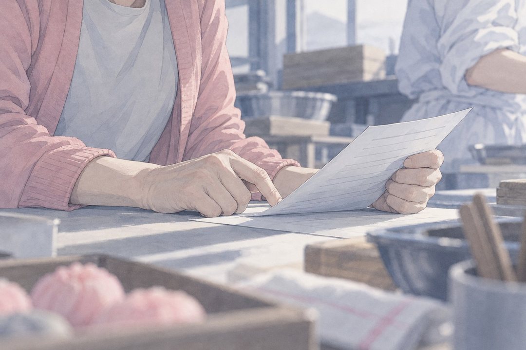 寄り。作業台の上で紙を両手で持つ女性の手元。指先が「時間」の行をなぞる（字は読めない）。奥に、腕まくりした店主の白い袖。