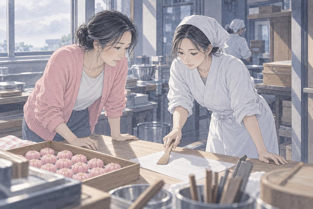 少し高い所から。店主が木べらの柄で紙の1行を指し、女性が身を乗り出してのぞき込む。作業台の上に練り切りの木の盆。
