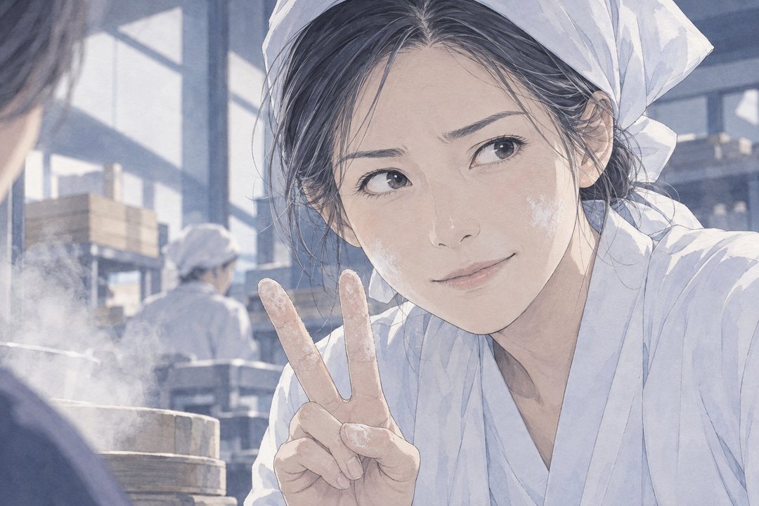 店主の顔の寄り。眉を上げ、手前の女性を横目で見て、指を2本立てる。頬に少し粉。奥にせいろの白い湯気。
