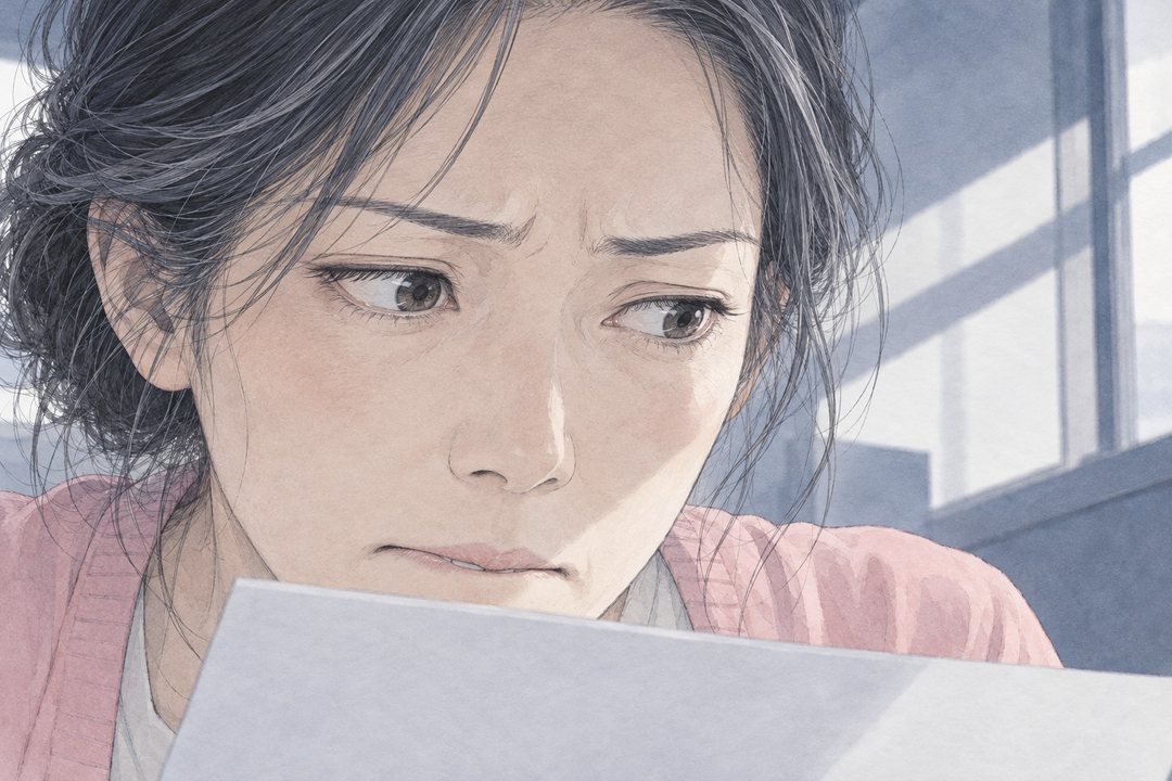 女性の目元の寄り。手前に紙。目を横へそらし、眉を寄せる。