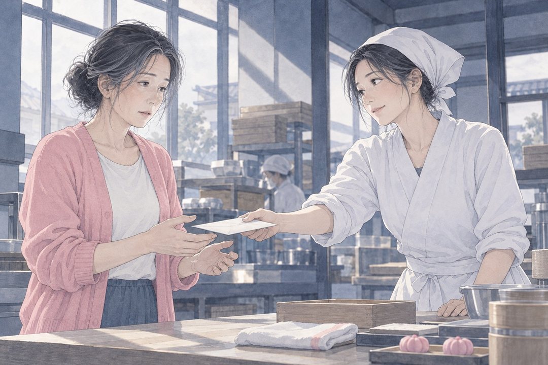 店主が紙を女性の胸の方へそっと押し返し、少し笑う。女性は封筒を両手で受け取りかけて止まる。作業台をはさんで。
