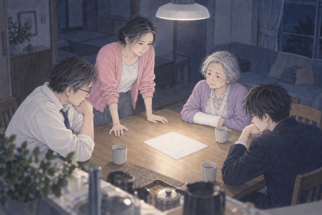 夜の食卓を少し高い所から。左に夫、右に学ランの息子、奥の端に右の手首にギプスの義母。真ん中に1枚の紙を置き、女性が立ったまま両手を食卓につく。白い食卓の灯り。