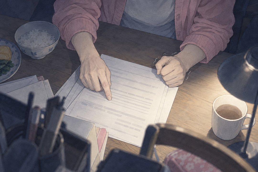 寄り。食卓の上の紙の行を、女性の指先が押さえる。もう片方の手は握って小さく震える。紙の字は読めない。