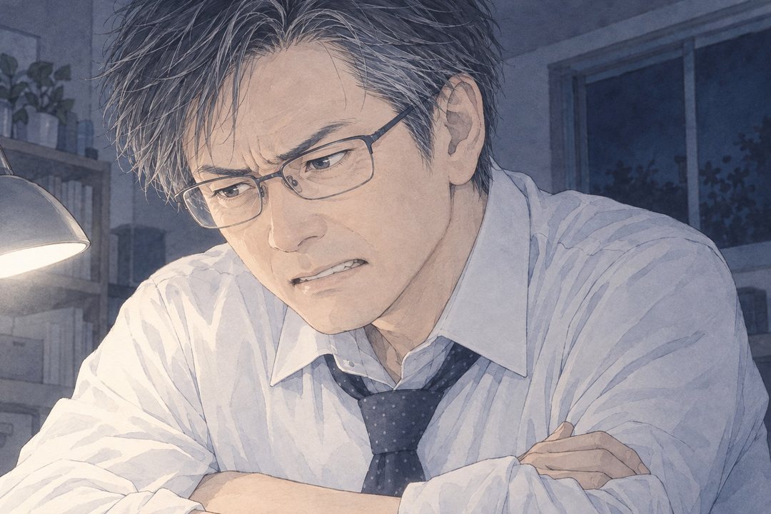 夫の顔の寄り。眼鏡の奥で眉を寄せ、腕を組む。