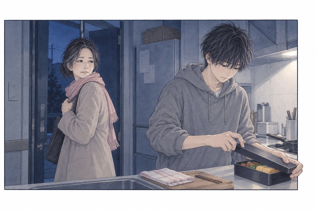 夜明け前の台所。戸口の外は群青。灰色のパーカーの息子が寝ぐせのまま、卵焼きを詰めた弁当箱のふたを閉める。戸口でコートとマフラーの女性が振り返る。