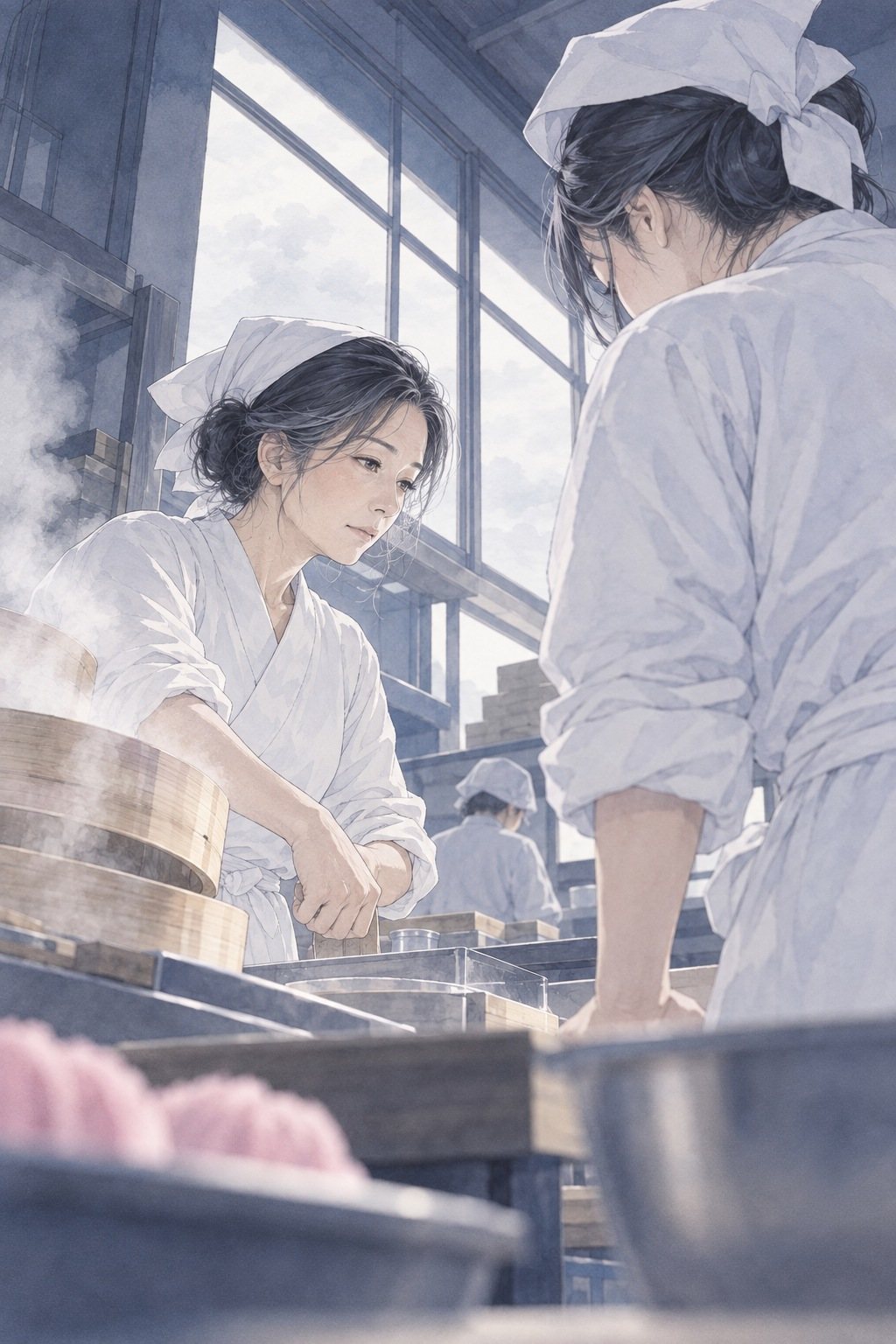 低い所から見上げる。夜明けの工房。せいろの白い湯気が立ちのぼる中、白い調理服と三角巾の女性が作業台に向かう。手前に店主の背中。窓の外は白み始めている。