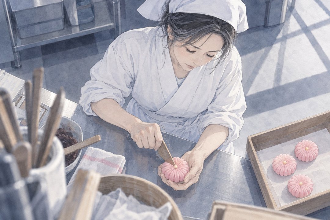 斜め上から。作業台の上で、女性の手が古い木の三角べらで、淡い桜色の菊の練り切りに筋を入れる。横の木の盆に、出来た菊が並び始めている。