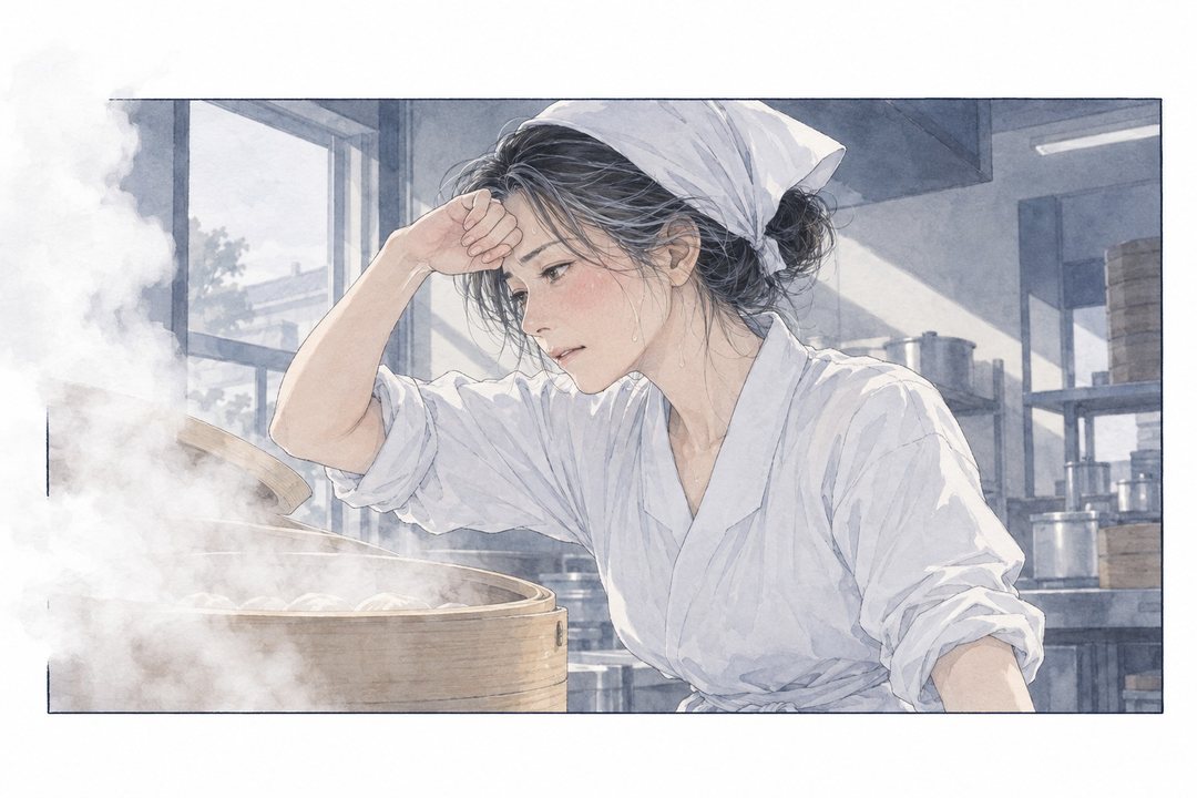 せいろの湯気の前で、白い三角巾の女性のほおが赤い。手の甲で額の汗をぬぐい、目を伏せる。少し横から。