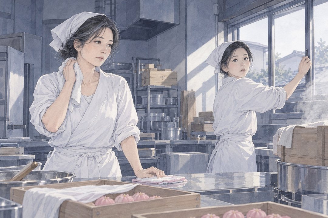 工房の小さな窓を開ける店主が、振り返って女性を見る。冷たい朝の空気が湯気を外へ流す。女性は手ぬぐいで首の汗をぬぐう。