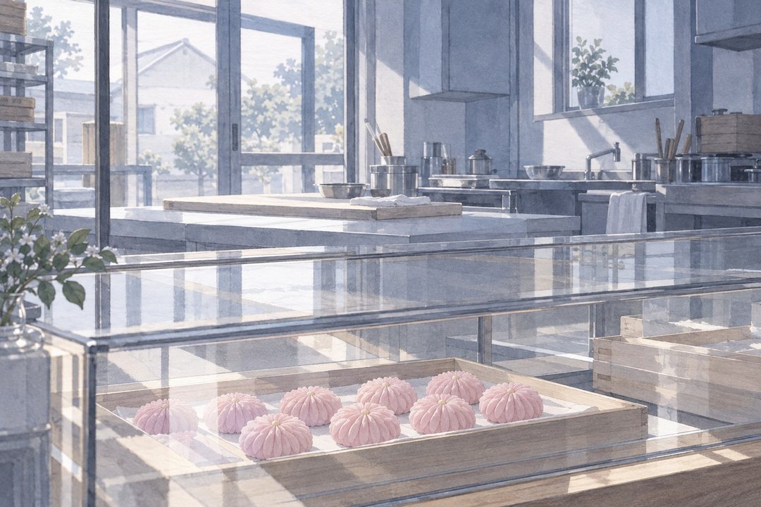 開店前のガラスのショーケース。木の盆の上に、淡い桜色の菊の練り切りが並ぶ。ケースの向こうのガラス戸に、朝の白い光。