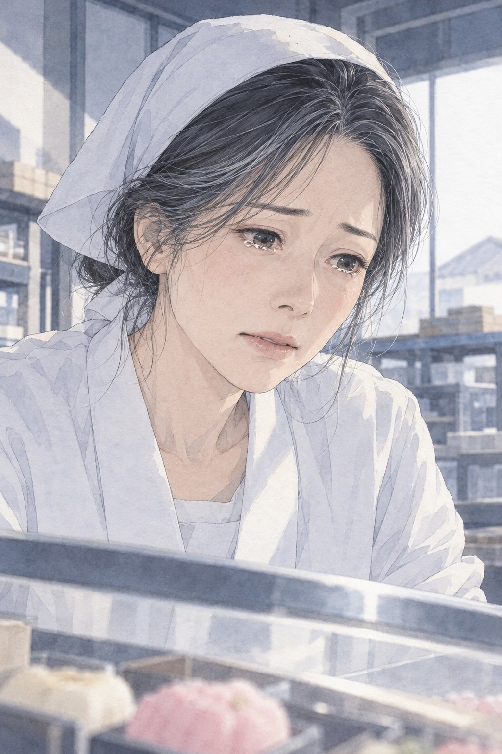 白い三角巾の女性の顔の寄り。ケースを見つめ、目がうるむ。手前にぼけた練り切り。