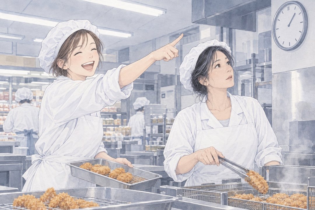 スーパーの揚げ場。白い調理服と帽子の2人。左の同僚が壁の時計を指さして笑い、右の女性はトングを持ったまま時計を見上げる。業務用のフライヤーの湯気。