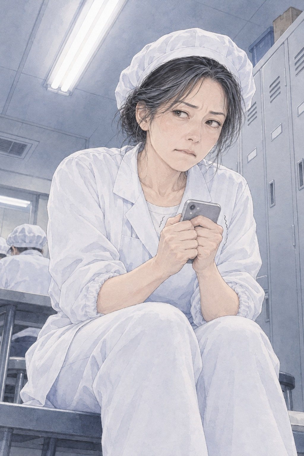 休憩室のロッカーの前。白い調理服の女性が腰かけ、スマホを両手で包んだまま、画面を見られずに眉を寄せて横を見る。白い蛍光灯。