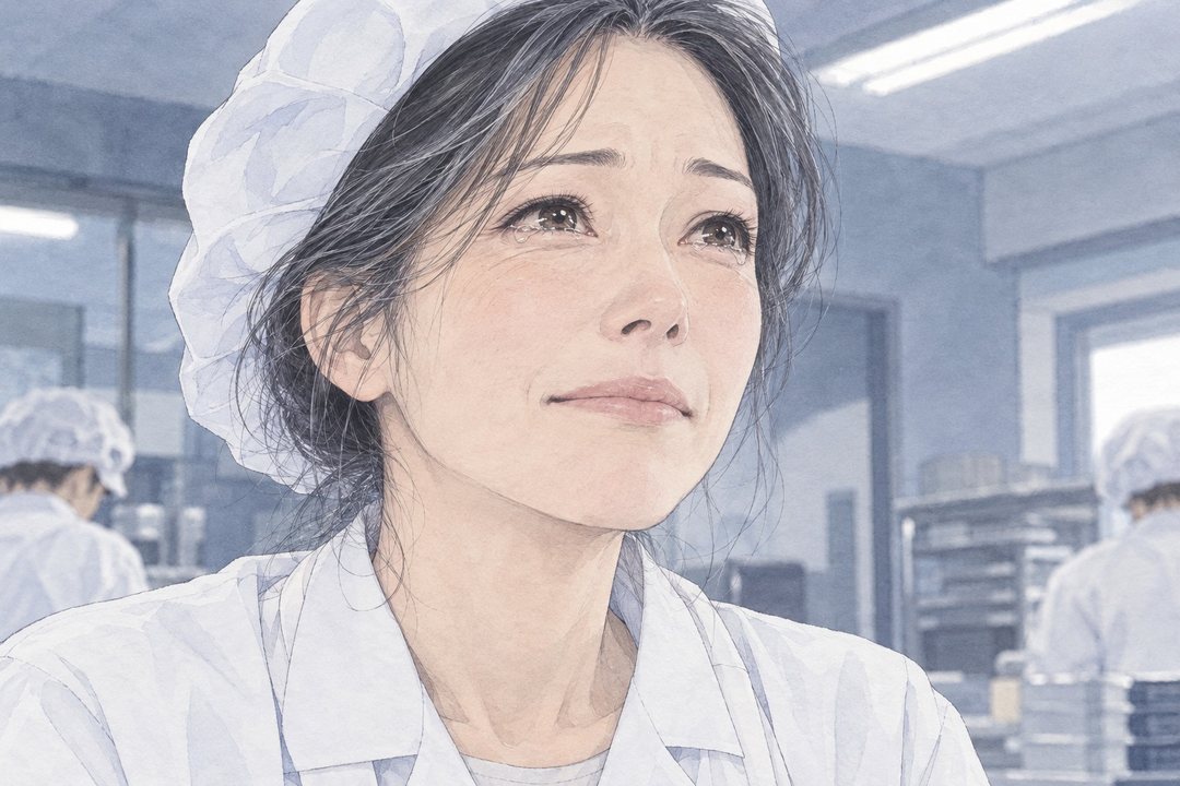 女性の顔の寄りを少し下から。上を見上げ、笑いかけた口元のまま、目に涙がたまる。白い蛍光灯。